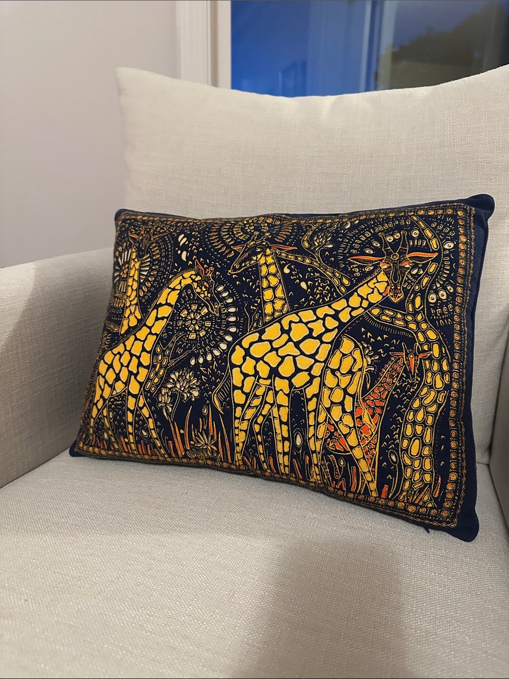 Dior Navy & Yellow Giraffe Accent Pillow with a Pop of Orange Like New